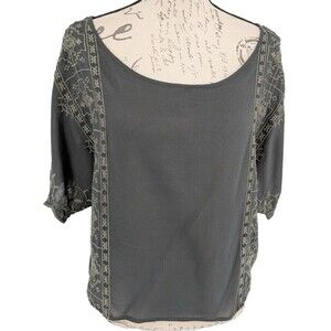American Eagle Top Blouse S Grey Cropped Embroidery Y2K Retro Boho
